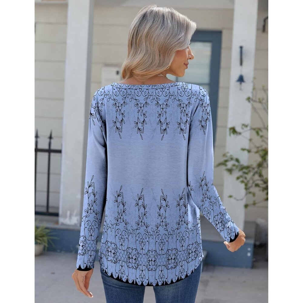 Womens Long Sleeve V Neck Blouse Floral Basic Casual Fall Shirt - Picture 5 of 6